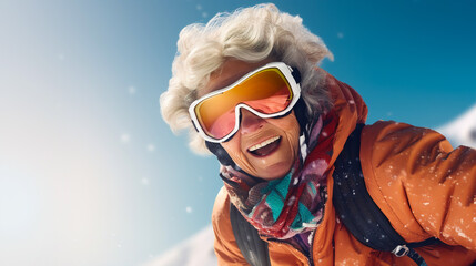 Positive elderly woman snowboarder in ski goggles snowboarding in the mountains and spending active leisure time