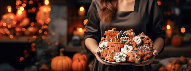 Woman holding a basket of cookies for halloween holiday. Banner, place for text.