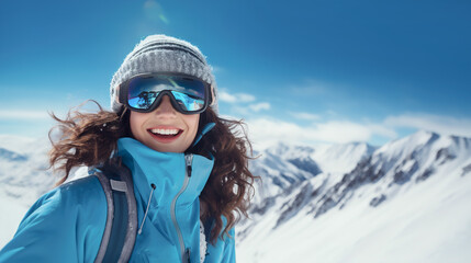 Fototapeta na wymiar Positive woman in a hat and ski goggles is resting in a ski resort