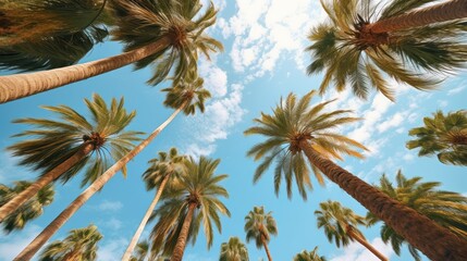 Fototapeta premium Blue sky and palm trees view from below. Tropical beach and summer background. Travel concept.