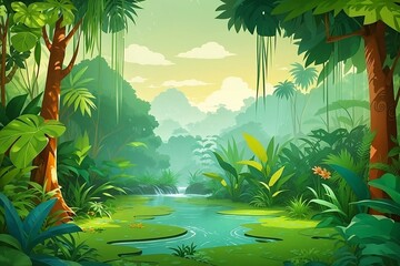 Fototapeta na wymiar Vector wild background forest illustration with cartoon trees amp jungle scenery nature drawing fantasy