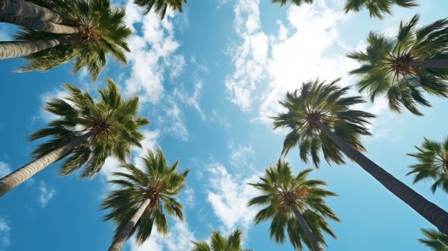 Blue sky and palm trees view from below. Tropical beach and summer background. Travel concept.