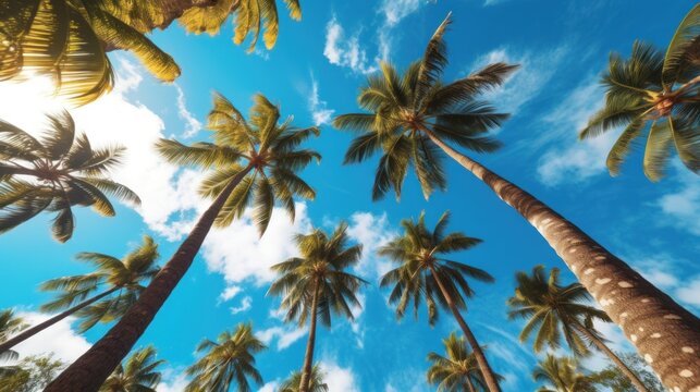 Blue sky and palm trees view from below. Tropical beach and summer background. Travel concept.