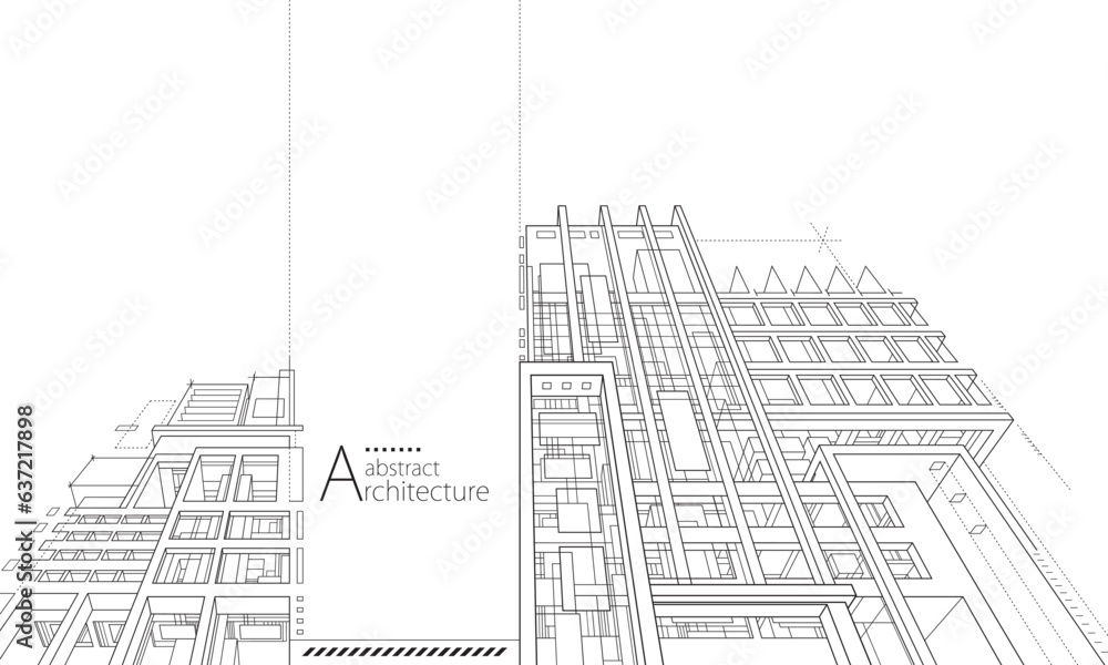 Aufkleber 3d illustration abstract modern urban building out-line black and white drawing of imagination archi