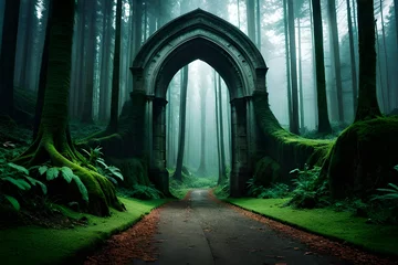 Tuinposter Archway in an enchanted fairy forest landscape, misty dark mood, can be used as background © Stone Shoaib