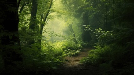 Fototapeta premium Fantasy forest with fog and sunbeams.