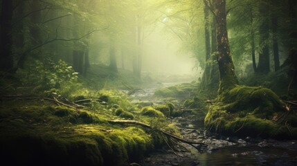 Fantasy forest with fog and sunbeams.