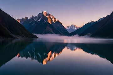 Fototapeta na wymiar Mountain lake with perfect reflection at sunrise. Beautiful landscape with purple sky, snowy mountains, hills, fog over the lake. Snow covered rocks is reflected in water. Nature