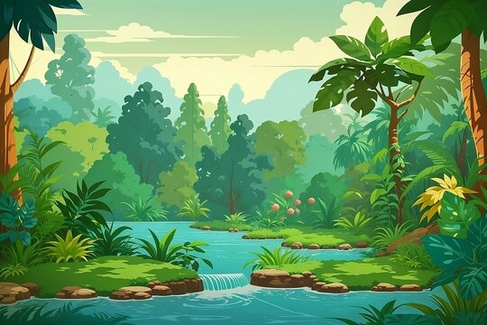 Vector wild background forest illustration with cartoon trees amp jungle scenery nature drawing fantasy