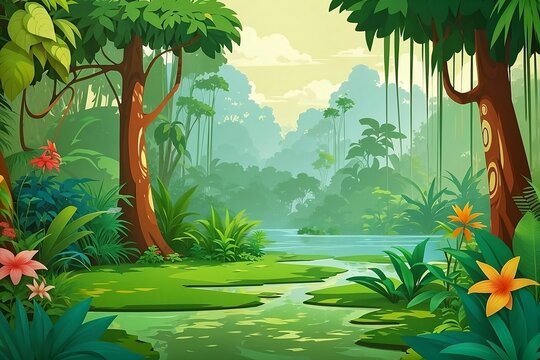 Vector wild background forest illustration with cartoon trees amp jungle scenery nature drawing fantasy