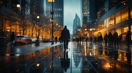 Fototapeta na wymiar Several business people walk fast motion blur in the corridor of modern city