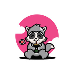 Cute raccoon drink coffee cartoon