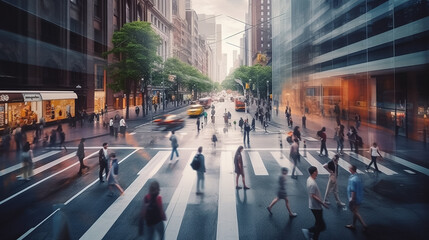 Obraz premium Several business people walk fast motion blur in the corridor of modern city