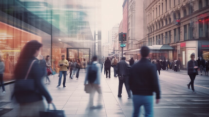 Several business people walk fast motion blur in the corridor of modern city
