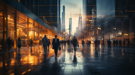 Several business people walk fast motion blur in the corridor of modern city