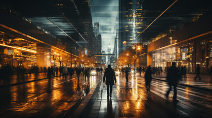 Fototapeta na wymiar Several business people walk fast motion blur in the corridor of modern city