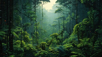 A visual representation of a lush rainforest composed of digital code, portraying the abundance of possibilities in remote work | generative AI - obrazy, fototapety, plakaty