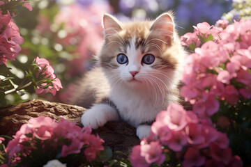 Naklejka na ściany i meble Image of british shorthair cat is in the garden with beautiful purple flowers. Pet. Animals. Generative AI. Illustration.
