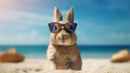Obraz premium Unny rabbit wearing sunglasses on the beach.