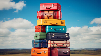 Pile of colorful suitcases stacked on top of each other