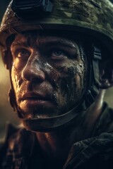 Dramatic Close-Up of an Army Soldier Amidst the Chaos of War, generative AI