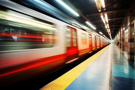 High speed train in motion on the railway station, Railroad with motion blur effect. Commercial transportation. Blurred background