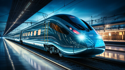 Naklejka premium High speed train in motion on the railway station, Railroad with motion blur effect. Commercial transportation. Blurred background