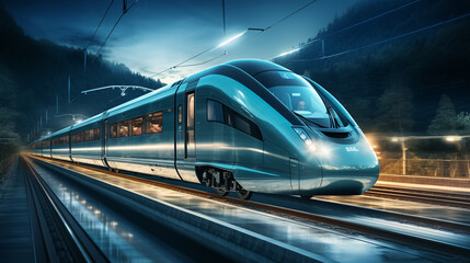 Naklejka premium High speed train in motion on the railway station, Railroad with motion blur effect. Commercial transportation. Blurred background