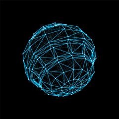 futuristic sphere and 3d wireframe ball shape. Cyber mesh sphere, futuristic geometric vector structure or blue wire line ball. Digital technology 3d polygonal hologram or model