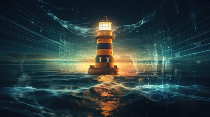 An image of a virtual lighthouse projecting a guiding light over a digital sea, symbolizing the navigation and direction offered by remote work tools | generative AI