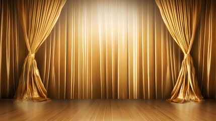Gold curtains and wooden floor Golden stage concept of exclusivity