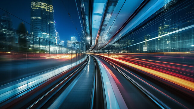 High speed train in motion on the railway station, Railroad with motion blur effect. Commercial transportation. Blurred background