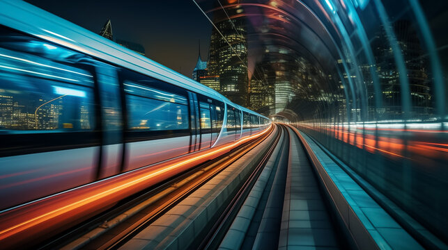 High speed train in motion on the railway station, Railroad with motion blur effect. Commercial transportation. Blurred background