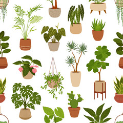 Pot with green plants seamless pattern, flowers and succulents. Office flowerpots. Cartoon vector tile wallpaper with houseplants monstera, cacti and ficus. Alocasia, sansevieria, strelitzia and agave