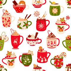 Christmas chocolate and eggnog cups seamless pattern. Festive drink and hot beverage mugs of Xmas winter holidays vector background. Hot chocolate and eggnog cocktail ceramic cups with snowflake decor
