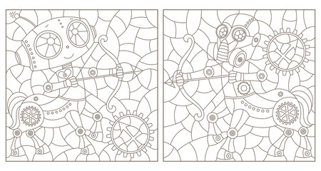 Fototapeta na wymiar Set of contour illustrations in the style of stained glass with steam punk signs of the zodiac Sagittarius, dark contours on a white background
