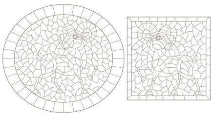 A set of contour illustrations in the style of stained glass with sheep, animals isolated on a white background