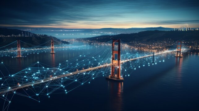 Digital Bridge Building: An image of digital bridges being constructed between remote locations, signifying the effort and technology required to connect teams virtually | generative AI