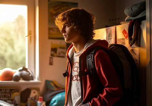 Student on his room ready to go to school