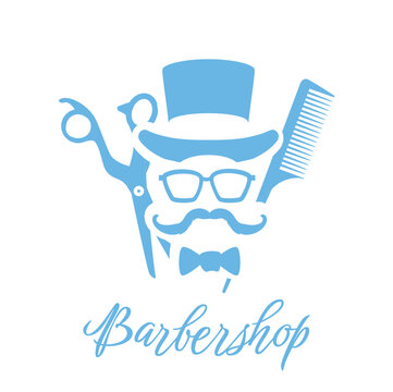 Blue silhouette of man in hat with mustache, comb flat style