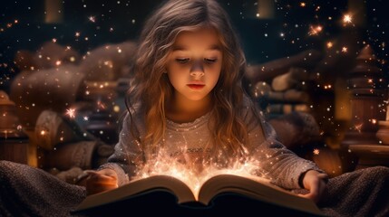 Cute little girl reading book at night.