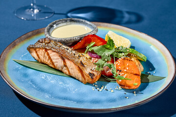 Close-up horizontal view of a grilled salmon steak with grilled vegetables on a plate, capturing intricate details, set against a monochromatic blue background with shadows