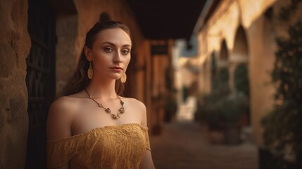 Beautiful young woman in the old town. Tuscan background.