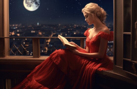 Woman in a red dress is reading a book by the window.