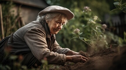Naklejka na ściany i meble Elderly woman enjoying gardening outdoor.