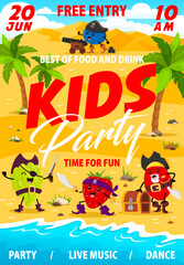 Obraz premium Kids party flyer with cartoon berry pirates and corsairs on island. Vector invitation poster with funny grape, strawberry, rosehip and blueberry wear filibuster costumes invite children for adventure