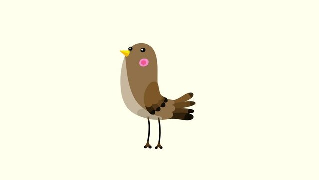 Nightingale bird brown cartoon animation character isolated start walking. Animated bird character moves serie.
