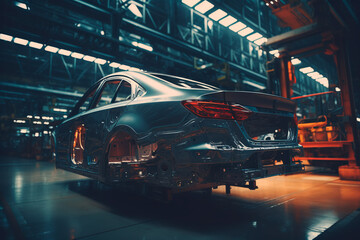 Car manufacturing plant. Car assembly. Machine bodies at the factory. Creating a car