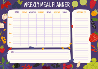 Weekly meal planner. Forest and garden berries. Vector food plan for week. Calendar menu for breakfast, lunch, dinner and snack with shopping list for grocery purchases. Diary timetable template