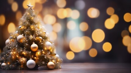 Obraz na płótnie Canvas Christmas Tree With Baubles And Blurred Shiny Lights, bokeh style, copy space